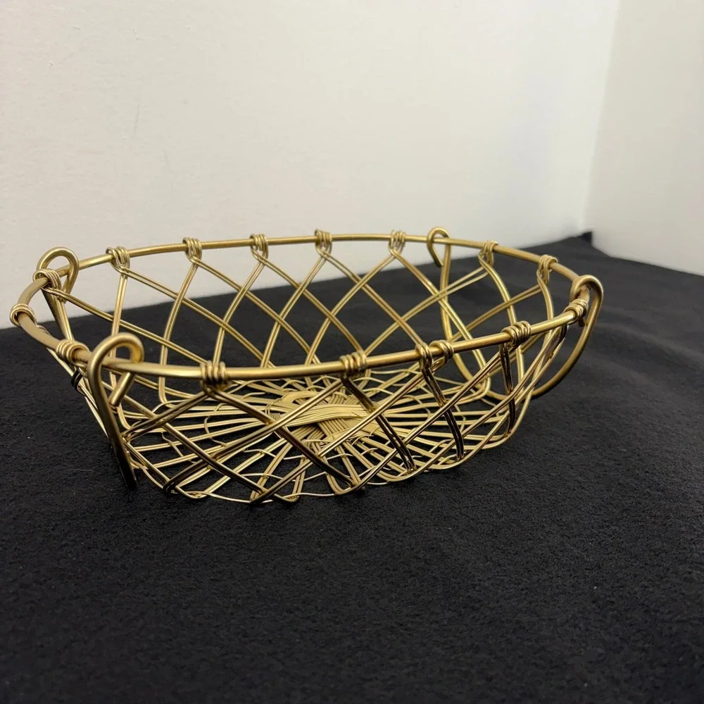 Gold Tone Woven Metal Wire Oval Decorative Basket Catchall Brass Lattice Handles
